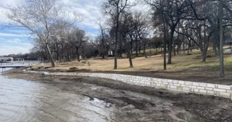 Newly constructed lakefront retaining wall built with light-colored Austin Stone block along a DFW waterfront property, stabilizing the shoreline with trees and sloped yard behind it