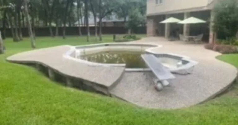 Neglected inground pool with dark stagnant water and deteriorating concrete deck awaiting complete removal at a Keller TX residential property